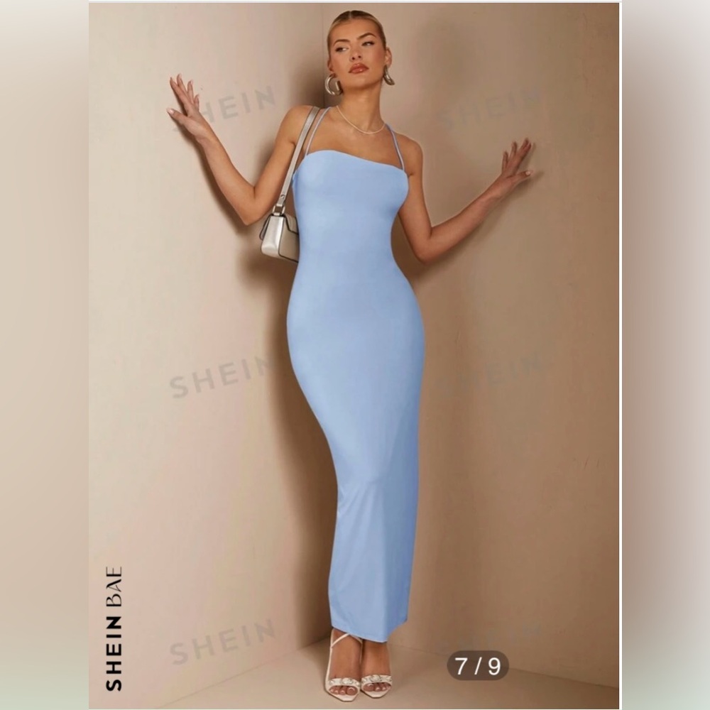 SHEIN Light Blue Bodycon Halter Neck
Spaghetti Strap Tie Low Back Shiny Dress M - Picture 2 of 16